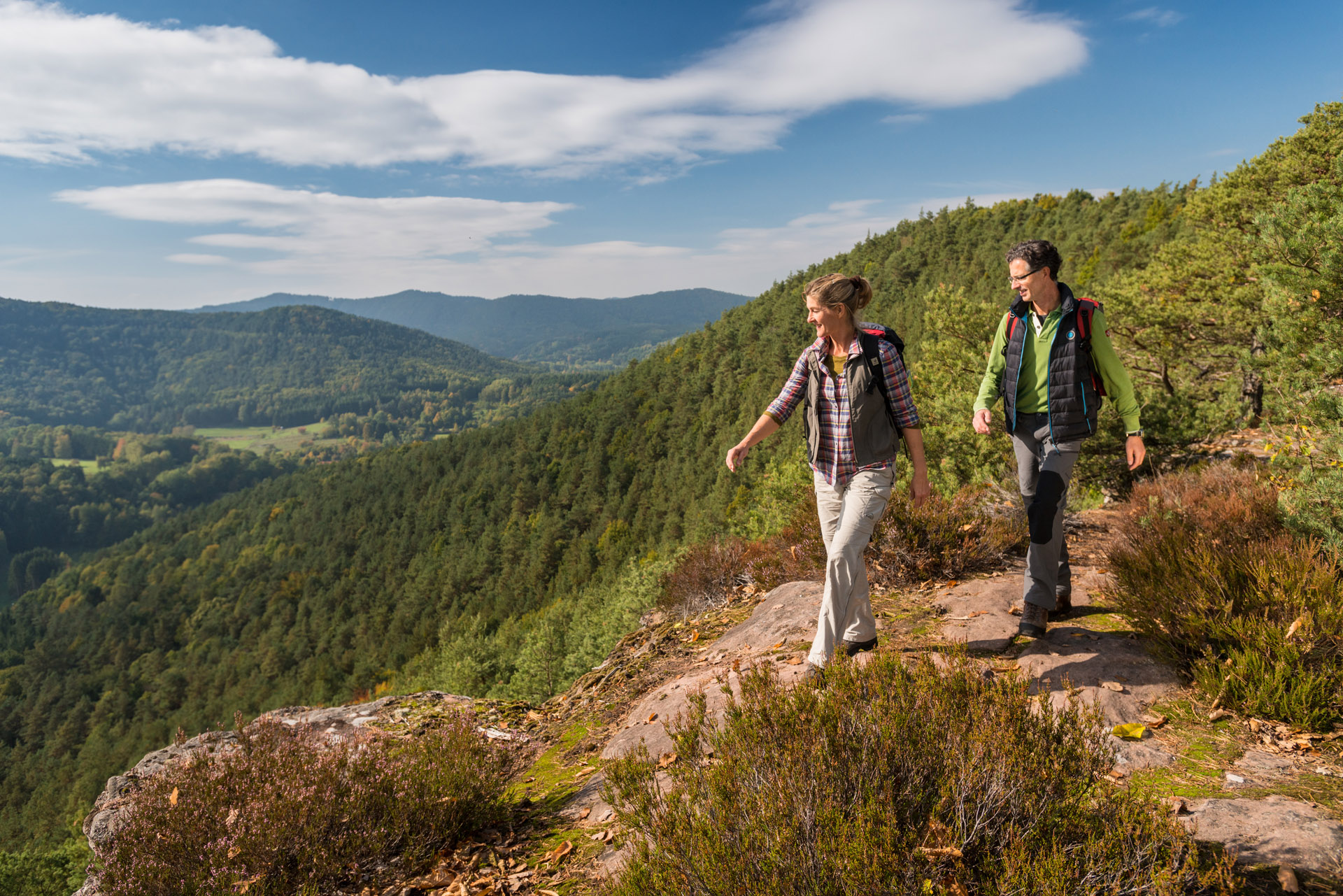 Eine Frau und ein Mann wandern auf dem Dimbacher Buntsandstein Höhenweg